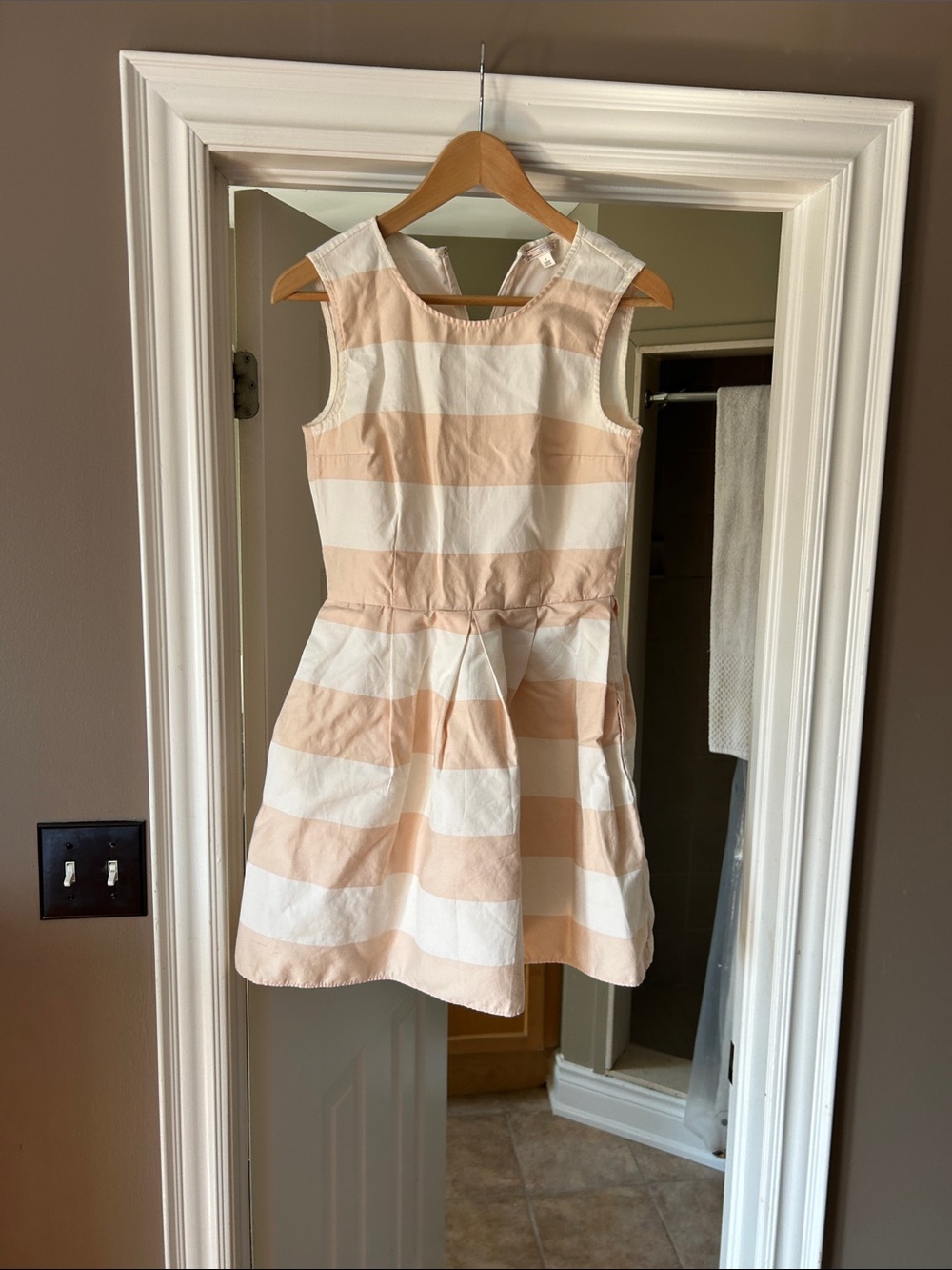 Girls Sleeveless Striped Dress in Peach and White